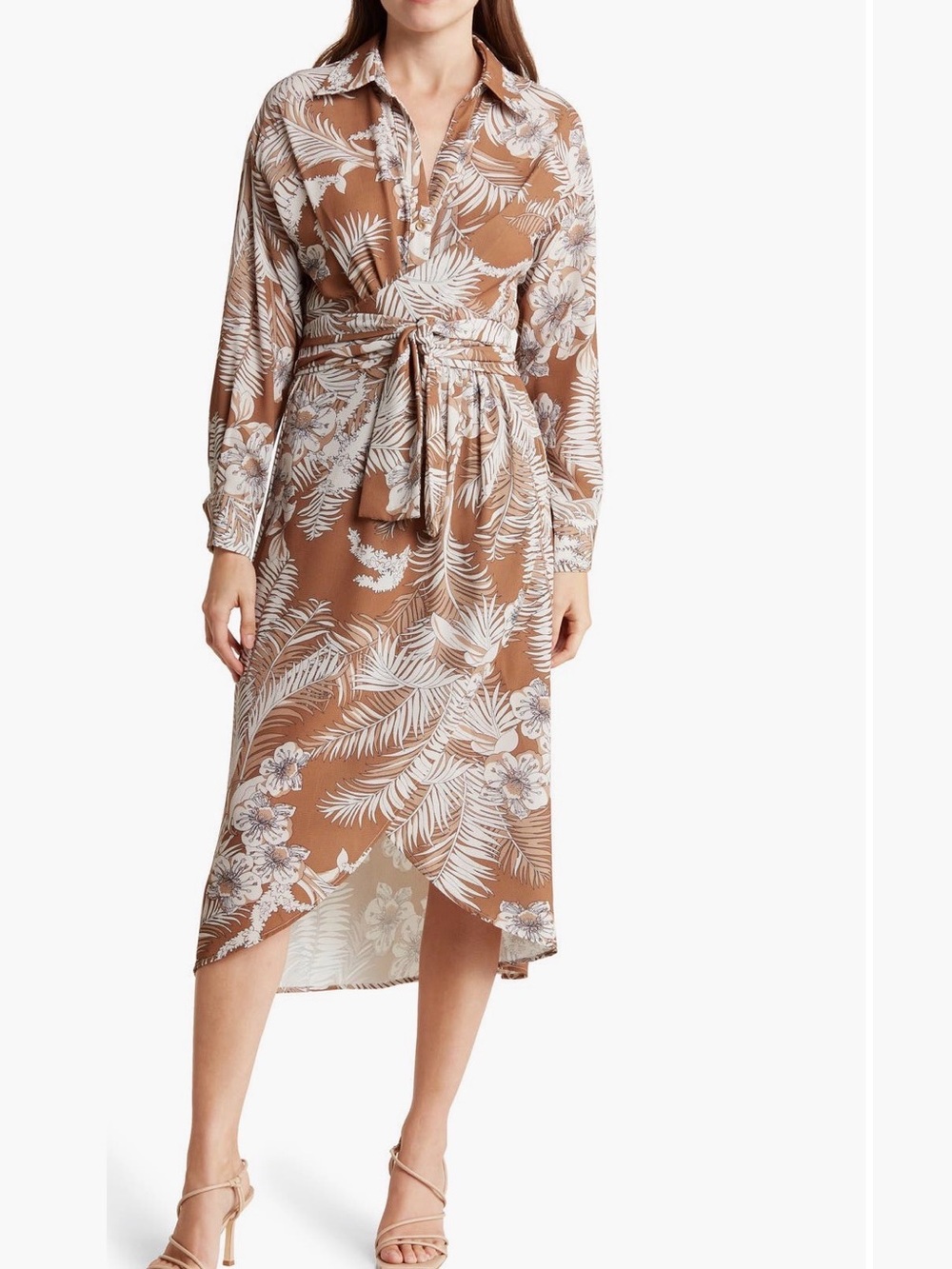 Area Stars Tropical Print Tie Waist Long Sleeve Shirtdress NWT